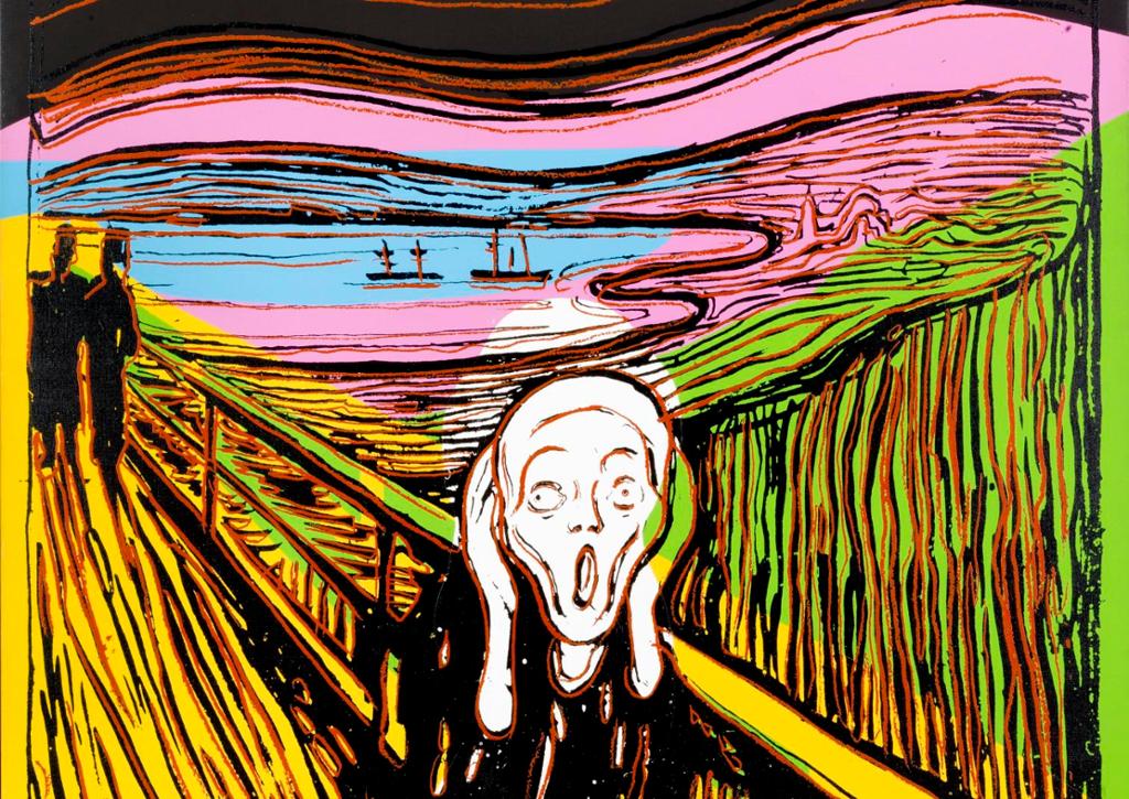 Tresnittet Skrik av Munch er bearbeidet med sterke fargeflater.