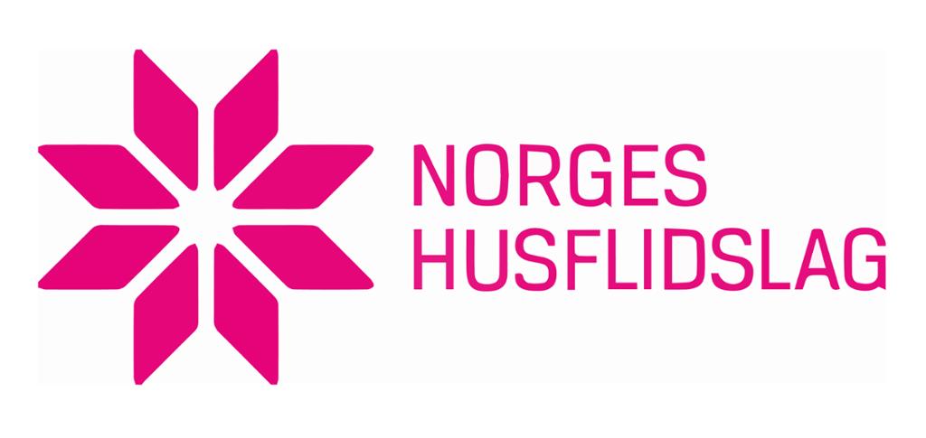 Åttebladrose og Noregs Husflidslag skrivne i store bokstavar. Logo.
