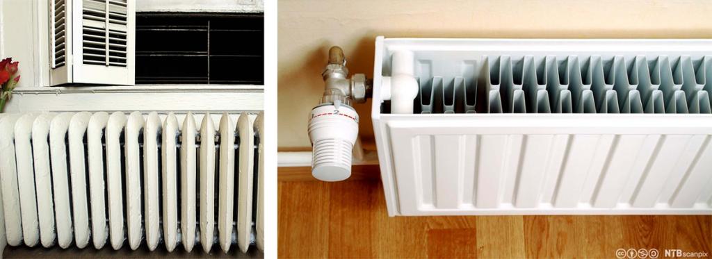 To bilder som er satt sammen. Bildet til venstre viser en gammel radiator, mens bildet til høyre viser en ny radiator. Foto.