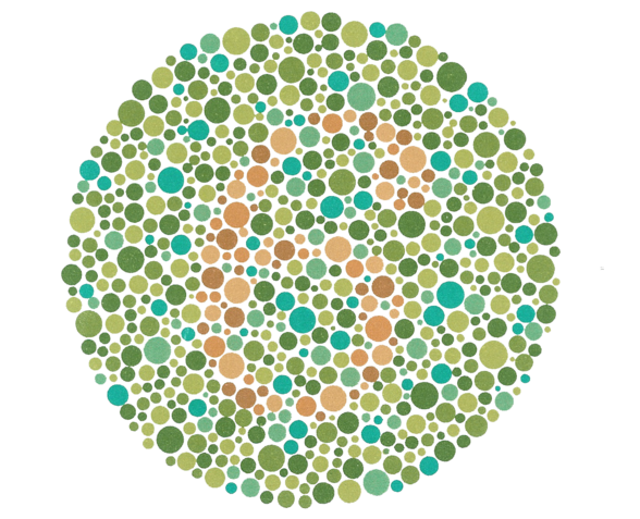 Test av fargesyn. Bilete av prikkar med ulike fargar som viser eit tal. Illustrasjon. 