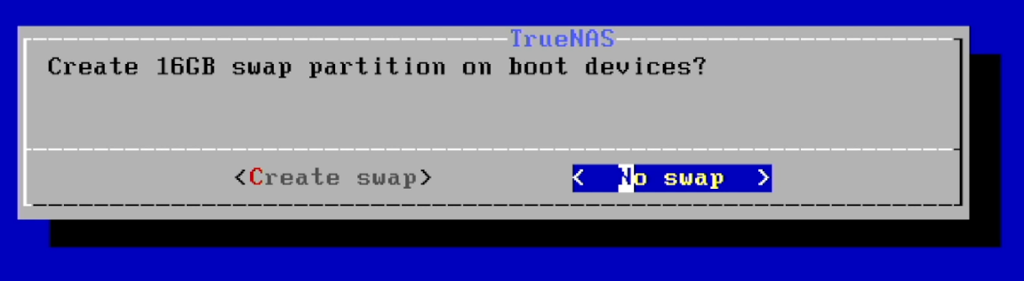 Skjermvindu med to valg: "Create swap" og "No swap". "No swap" er valgt. Skjermbilde.
