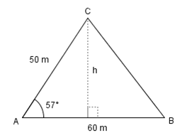 Trekant A B C der vinkel A er 57 grader, A B er 60 meter og A C er 50 meter. Høgda h fra C ned på siden A B er markert. Illustrasjon.
