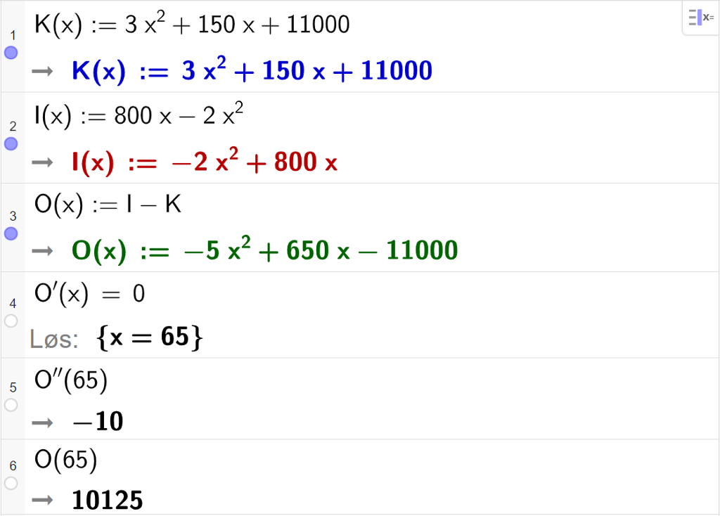 Skjermutklipp av CAS-utregning med GeoGebra. På linje 1 blir kostnadsfunksjonen K av x kolon er lik 3 x i andre pluss 150 x pluss 11000 skrevet inn. På linje 2 blir inntektsfunksjonen I av x kolon er lik 800 x minus 2 x i andre skrevet inn.  På linje 3 blir Overskuddsfunksjonen O av x kolon er lik I minus K skrevet inn. Resultatet er O av x kolon er lik minus 5 x i andre pluss 650 x minus 11000. På linje 4 løses likningen O derivert av x er lik 0. Svaret med "Løs" er x er lik 65. På linje 5 regnes O dobbeltderivert av 65 ut. Svaret er minus 10. På linje 6 regnes O av 65 ut. Svaret er 10125. 