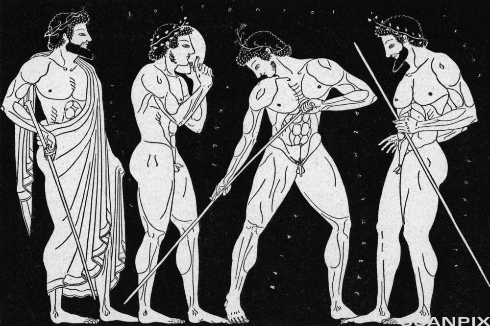 Fire atletiske menn, tre av dem er helt nakne. Stilen er typisk for malt keramikk fra antikkens Hellas. Bilde.