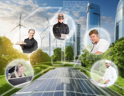 Kollasj med fem yrkeselever foran futuristisk by med grøntareal og bærekraftig energikilder som vindtrubiner og solceller. Foto og KI-illustrasjon.