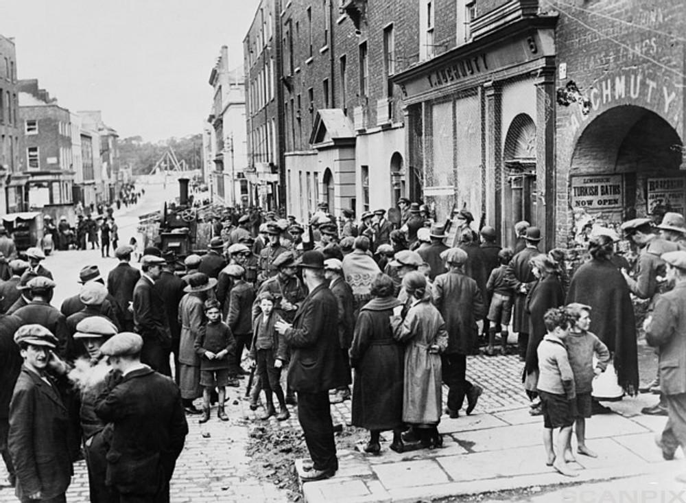 Crowded Street in Limerick, Ireland in the 1920s