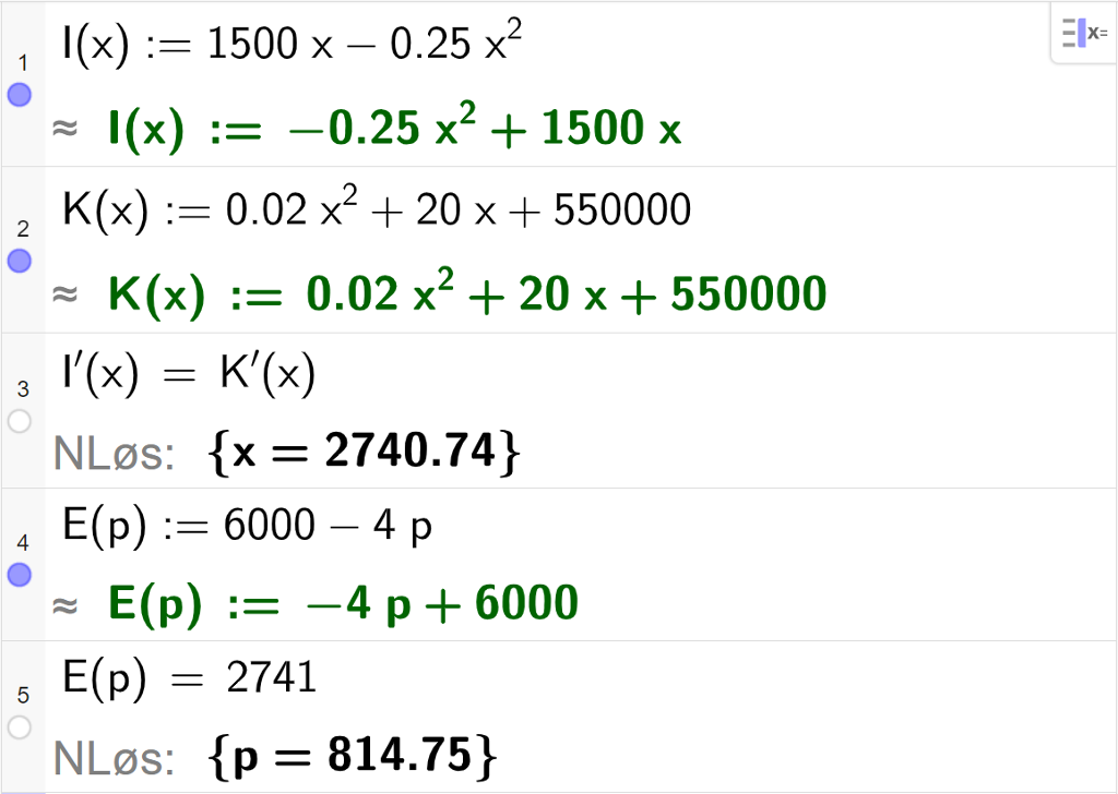 Skjermutklipp av CAS-utregning med GeoGebra. På linje 1 er inntektsfunksjonen I av x kolon er lik 1500 minus 0,25 x i andre skrevet inn. På linje 2 er kostnadsfunksjonen K av x kolon er lik 0,02 x i andre pluss 20 x pluss 550000 skrevet inn. På linje tre er likningen I derivert av x er lik K derivert av x skrevet inn. Svaret med "N Løs" er x er lik 2740,74. På linje 4 er etterspørselsfunksjonen E av p kolon er lik 6000 minus 4 p skrevet inn. På linje 5 er likningen E av p er lik 2741 skrevet inn. Svaret med "N Løs" er p er lik 814,75.