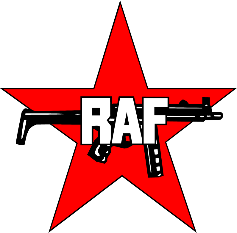 En logo med ei rød stjerne, en maskinpistol og bokstavene RAF. Illustrasjon. 