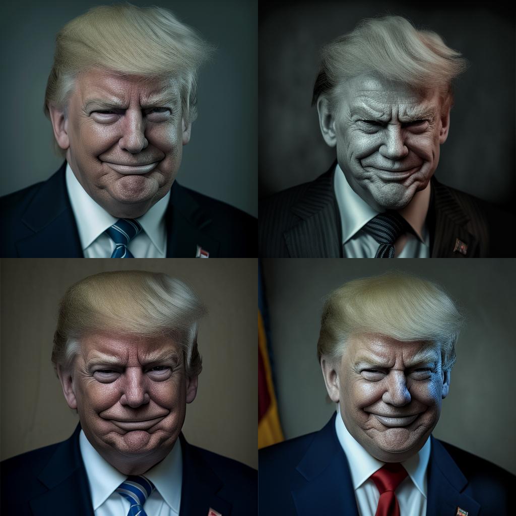 Kollasj med fire karikerte portretter av Donald Trump. Tre av dem er ganske realistiske og likner mer eller mindre på den ekte Donald Trump, men på det fjerde bildet er ansiktet smalere og har grålig hud og dype furer. KI-foto.