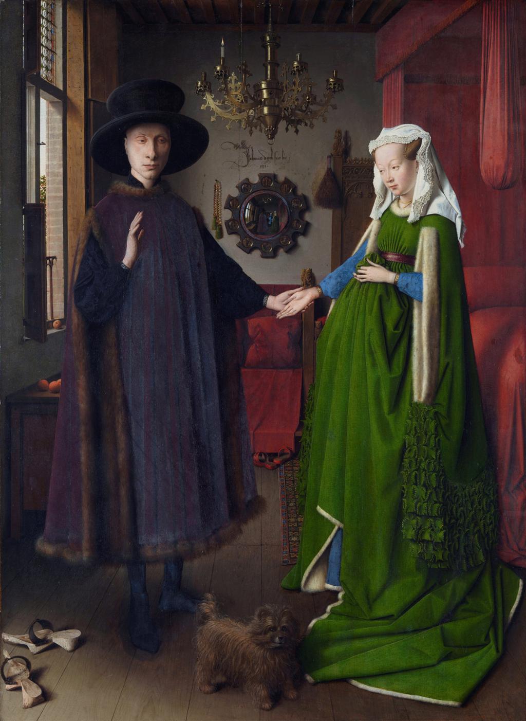 Painting: We see a man, woman, and small dog standing in a bedroom. The man is wearing a dark frock and a big hat, the woman a green dress. We see a red bed to the right, a large brass chandelier in the centre, and a window to the left. 