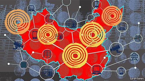 China's Social Credit System illustrated in a map of China where phones, surveillance cameras and computers all are connected to each other. Illustration.