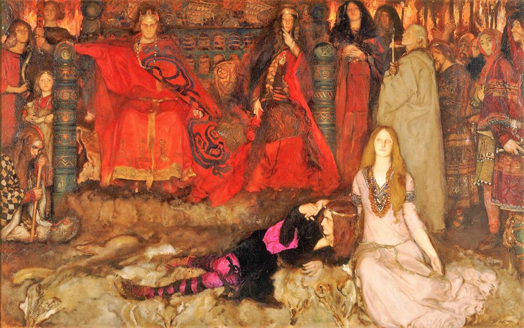 Painting: In the background we see a crowned couple seated, they are dressed in red. In the foreground we see a young woman with long. blonde hair and a pink dress, and a long haired young man dressed in black and purple. The boy is lying down, leaning his head against the young woman. In the background we also see more people crowding round to watch the play. 