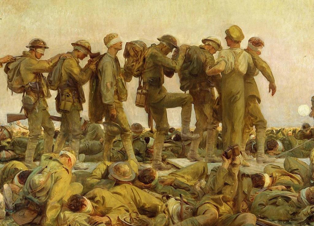 Painting: After a gas attack during World War I. Wounded soldiers are being lead in rows. They have bandages over their eyes. More soldiers lie on the ground. 