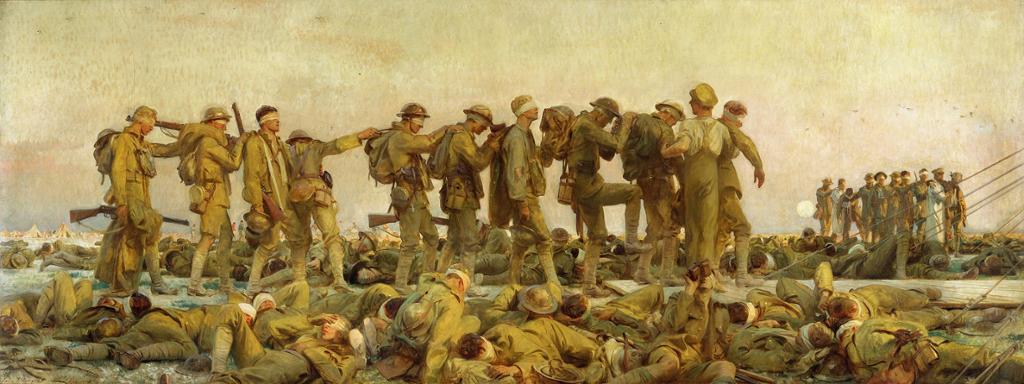 Painting: After a gas attack during World War I. Wounded soldiers are being lead in rows. They have bandages over their eyes. More soldiers lie on the ground.