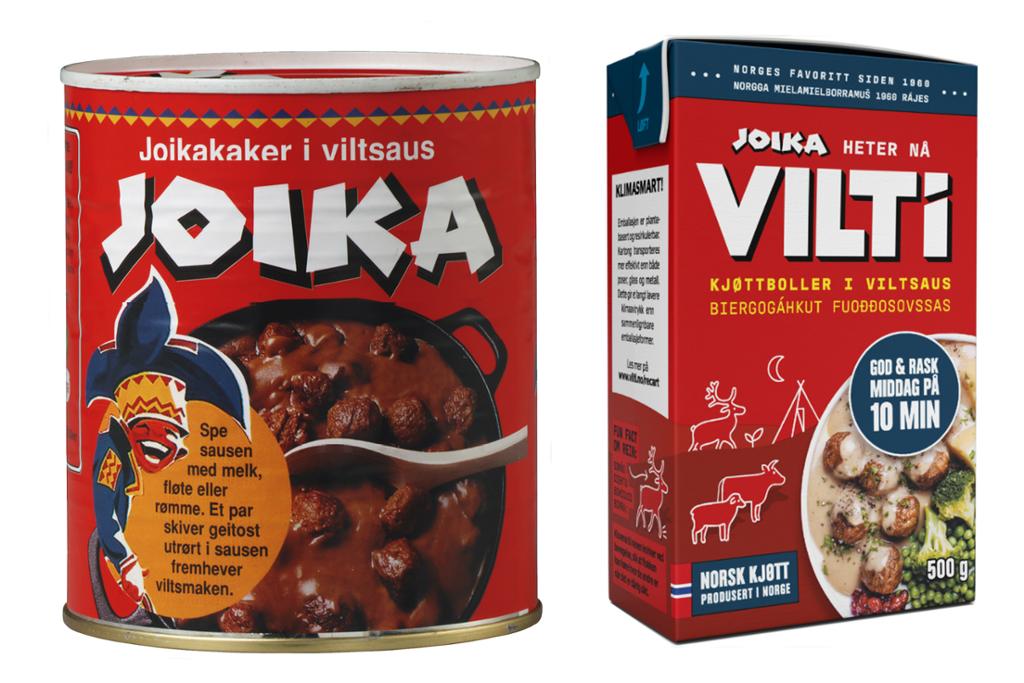 Til venstre står en hermetikkboks med navnet "Joika" og teksten "Joikakaker i viltsaus" sammen med bilde av kjøttboller og en stereotypisk illustrasjon av en samegutt. Til høyre står pappemballasje med teksten "Joika heter nå VILTi". Her står bildet av kjøttboller sammen med stiliserte samiske kulturelementer. Foto.
