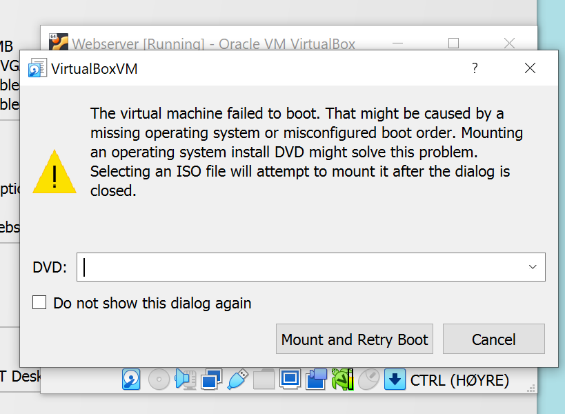 Skjermbilete frå programmet VirtualBox som viser eit popup-vindauge med val av ISO-fil.