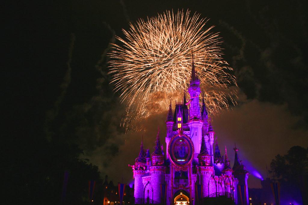 Cindarella's Castle in Walt Disney World with the IllumiNation firework in the background. Photo