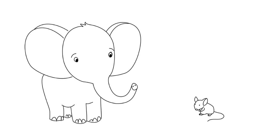 En stor elefant og ei lita mus. Illustrasjon. 