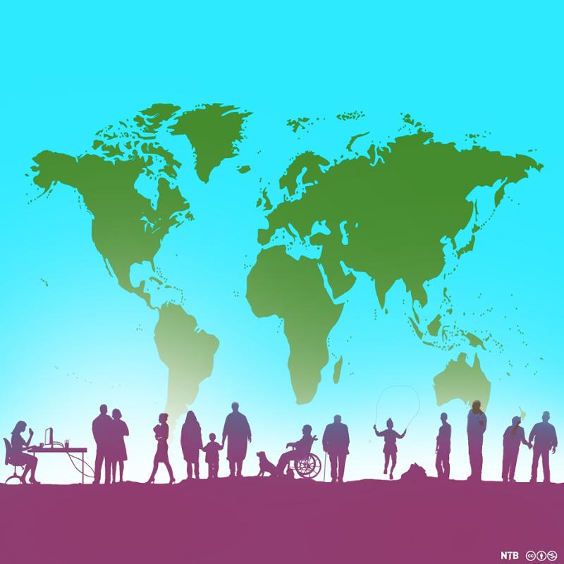 Illustration: We see a world map. There is a line of people in different situations, one is working, one is a couple, one is alone with a baby, there is a family of two adults and one child, there is a person in a wheelchair with a dog, there is an old person with a cane, there is a child skipping rope, there are some people standing. 