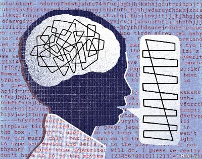 Bilde av person der struktur vises i hjerne og snakkeboble med bokstaver og ord i bakgrunnen. Illustrasjon.