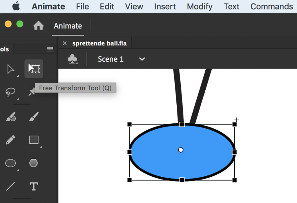 Arbeidsvindu i Animate med verktøylinje til venstre og en blå ball som presses sammen slik at den blir oval. Skjermbilde. 