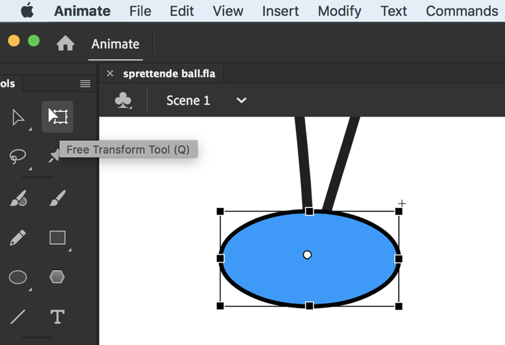Arbeidsvindu i Animate med verktøylinje til venstre og en blå ball som presses sammen slik at den blir oval. Skjermbilde.