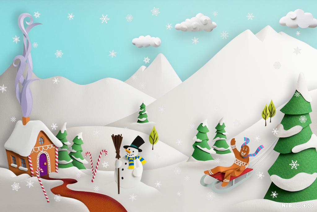 Paper art: We see a snowy landscape with mountains,  a house, a snowman, Christmas trees and a gingerbread man on a sleigh. 