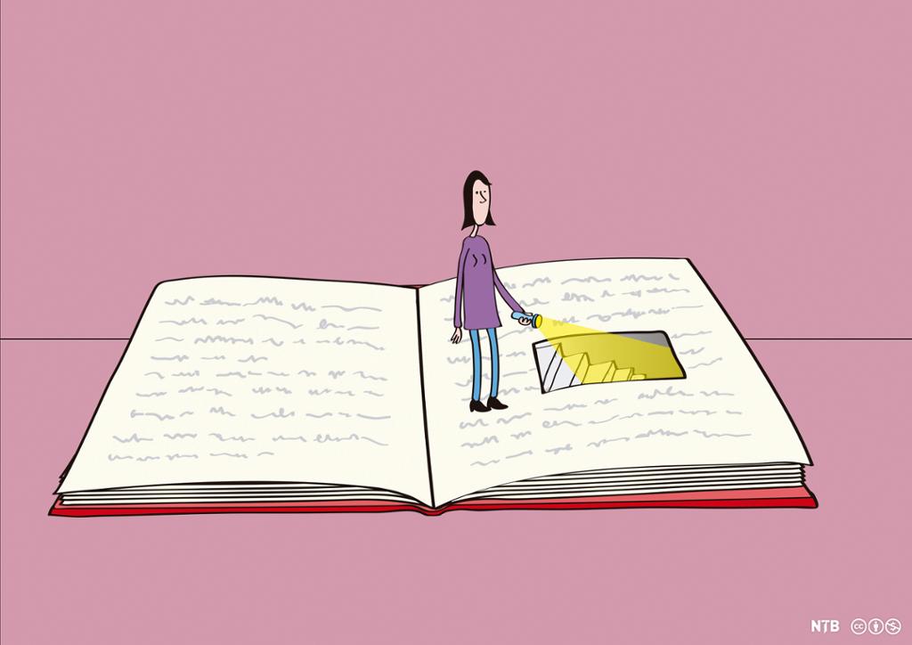 Illustration. A woman is standing inside an open book. She is holding a flashlight. She is pointing the light down a flight of stairs in the middle of the book. 