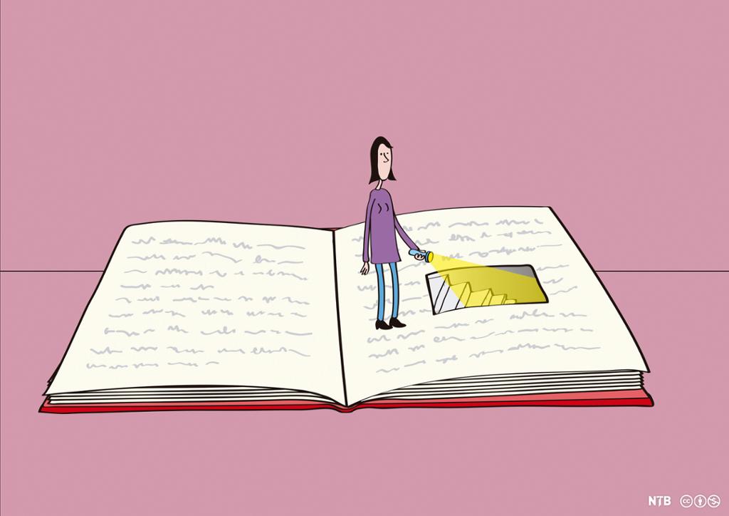 Illustration: A woman is standing inside an open book. She is holding a flashlight. She is pointing the light down a flight of stairs in the middle of the book. 