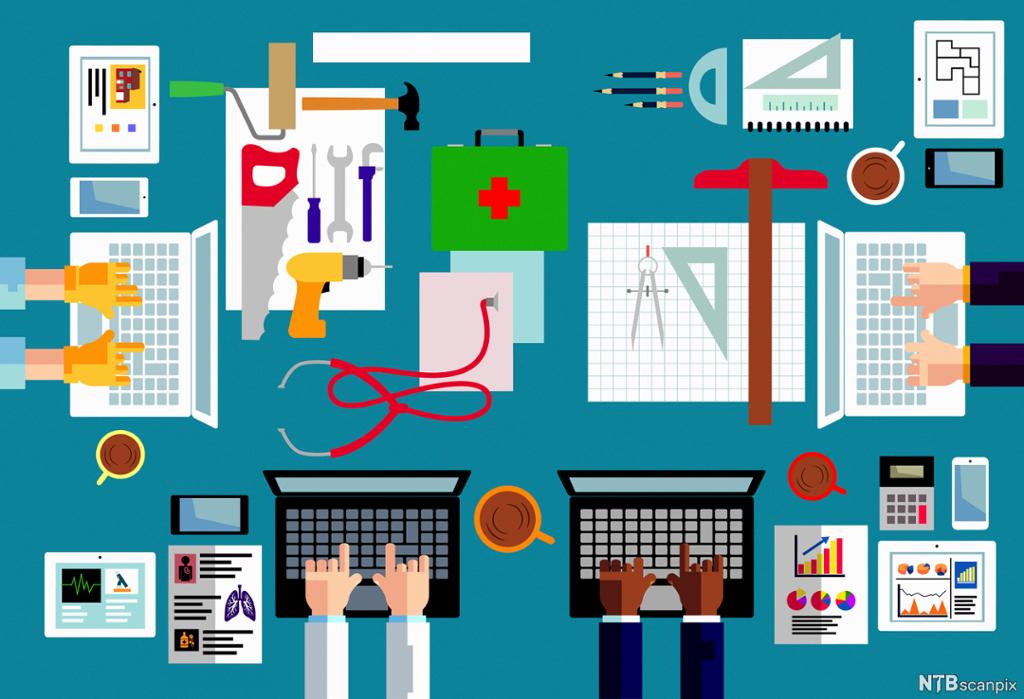 Overhead view of different occupations using computer technology