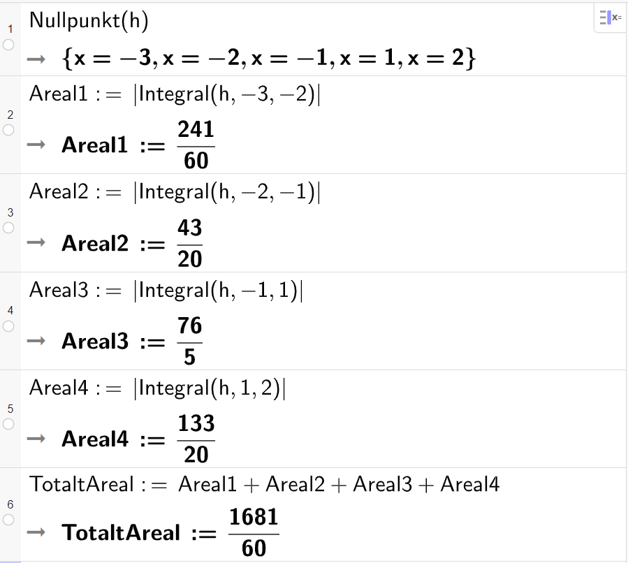 CAS-vinduet i GeoGebra. På linje 1 er det skrevet Nullpunkt parentes h parentes slutt. Svaret er x-verdiene minus 3, minus 2, minus 1, 1 og 2. På linje 2 er det skrevet Areal1 kolon er lik absoluttverditegn Integral parentes h komma minus 3 komma minus 2 parentes slutt absoluttverditegn slutt. Areal1 blir lik 241 delt på 60. På linje 3 er det skrevet Areal2 kolon er lik absoluttverditegn Integral parentes h komma minus 2 komma minus 1 parentes slutt absoluttverditegn slutt. Areal2 blir lik 43 delt på 20. På linje 4 er det skrevet Areal3 kolon er lik absoluttverditegn Integral parentes h komma minus 1 komma 1 parentes slutt absoluttverditegn slutt. Areal3 blir lik 76 delt på 5. På linje 5 er det skrevet Areal4 kolon er lik absoluttverditegn Integral parentes h komma 1 komma 2 parentes slutt absoluttverditegn slutt. Areal4 blir lik 133 delt på 20.
På linje 6 er det skrevet TotaltAreal kolon er lik Areal1 pluss Areal2 pluss Areal3 pluss Areal4. TotaltAreal blir lik 1681 delt på 60. Skjermutklipp.