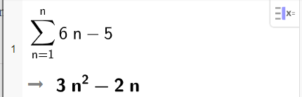 Utsnitt av CAS i GeoGebra. Vi finner summen av rekka gitt ved 6 n minus 5 fra n lik 1 til n. Svaret er 3 n opphøyd i 2 minus 2 n. Skjermutklipp. 