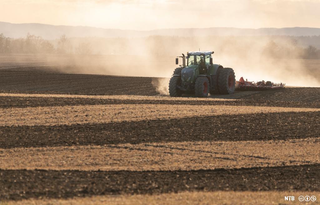 Traktor som køyrer med harv på eit jorde. Foto.