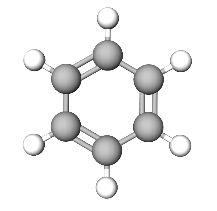 Syklisk molekylmodell av benzen. Illustrasjon.