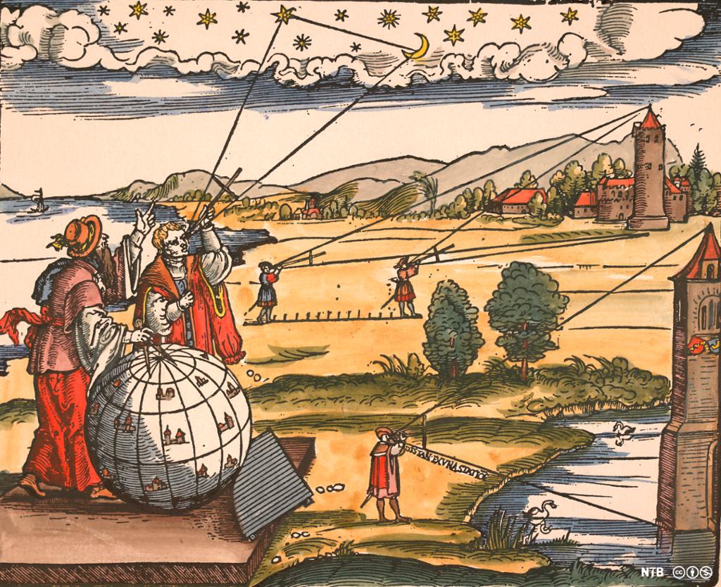 A coloured woodcut showing five Renaissance scientists measuring the distance of different objects using new technology. 
