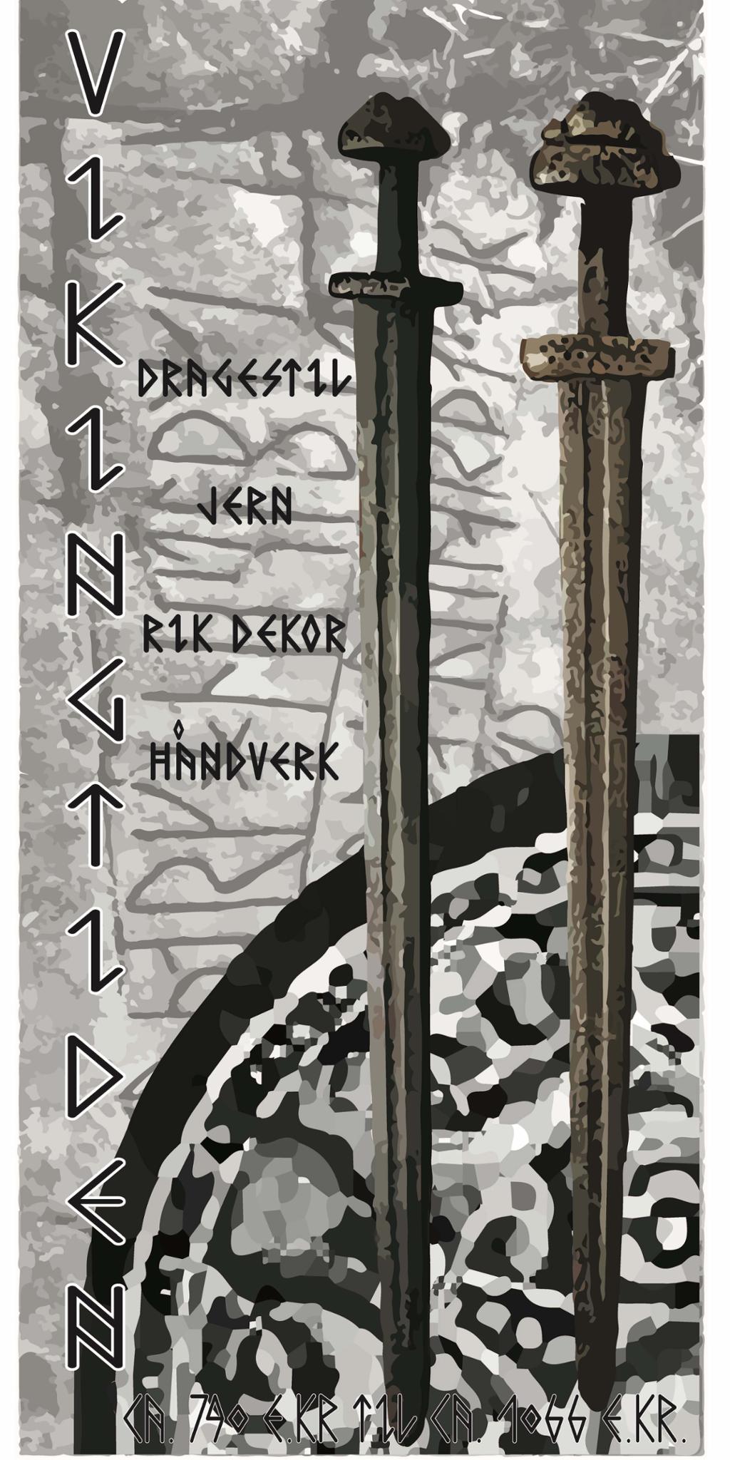 Illustrasjon av to vikingsverd og utsnitt av ei brosje. "Vikingtida", årstal og stikkord med kjenneteikn på perioden er gjeve att med runeskrift. 
