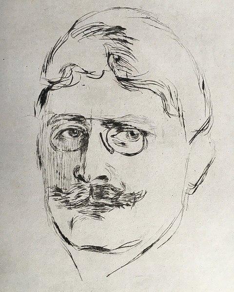 Portrett av Knut Hamsun med lorgnett og mustasje. Tegning.