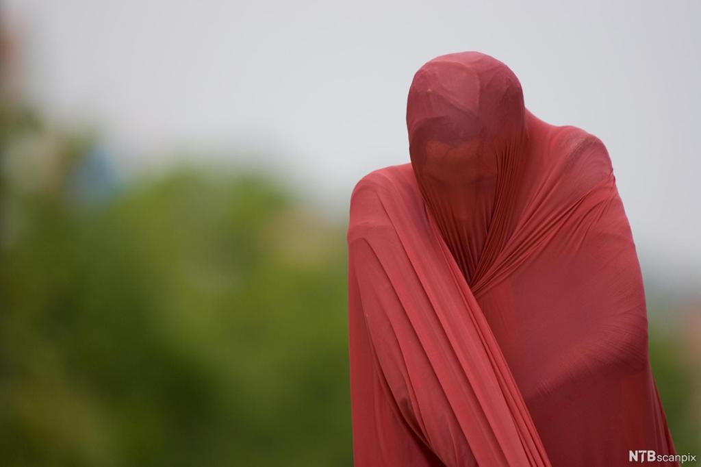 Person standing and wrapped in a red cloth
