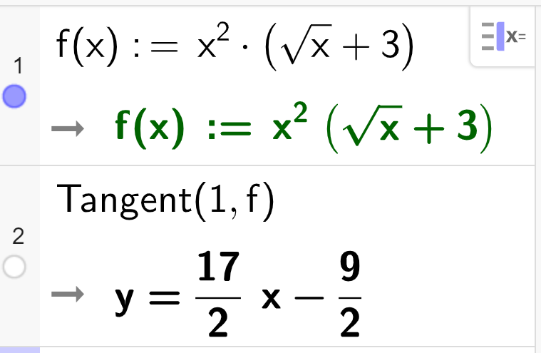 CAS-utrekning i GeoGebra. I linje 1 blir funksjonen f av x kolon er lik x i andre multiplisert med e opphøgd i x definert. I linje to er kommandoen Tangent parentes 1 komma f parentes slutt. Svaret er gitt som y er lik 17 to deler x minus 9 todeler. Skjermutklipp.