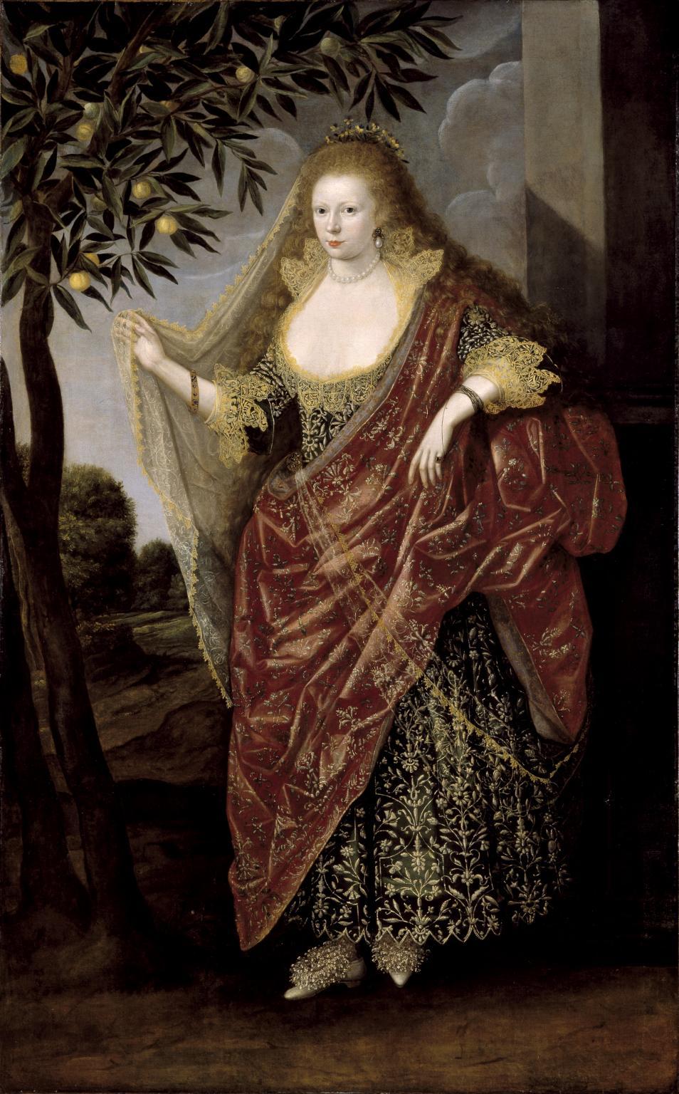 A woman in lavish clothes in sulks and gold. She is standing next to an apple tree. She is reaching for an apple. Painting.