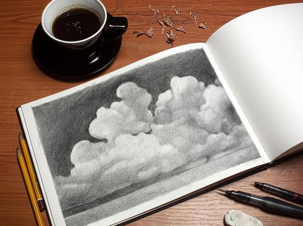 Tegneutstyr og en kopp kaffe på et bord. Tegneblokka har skyer som motiv. Foto.