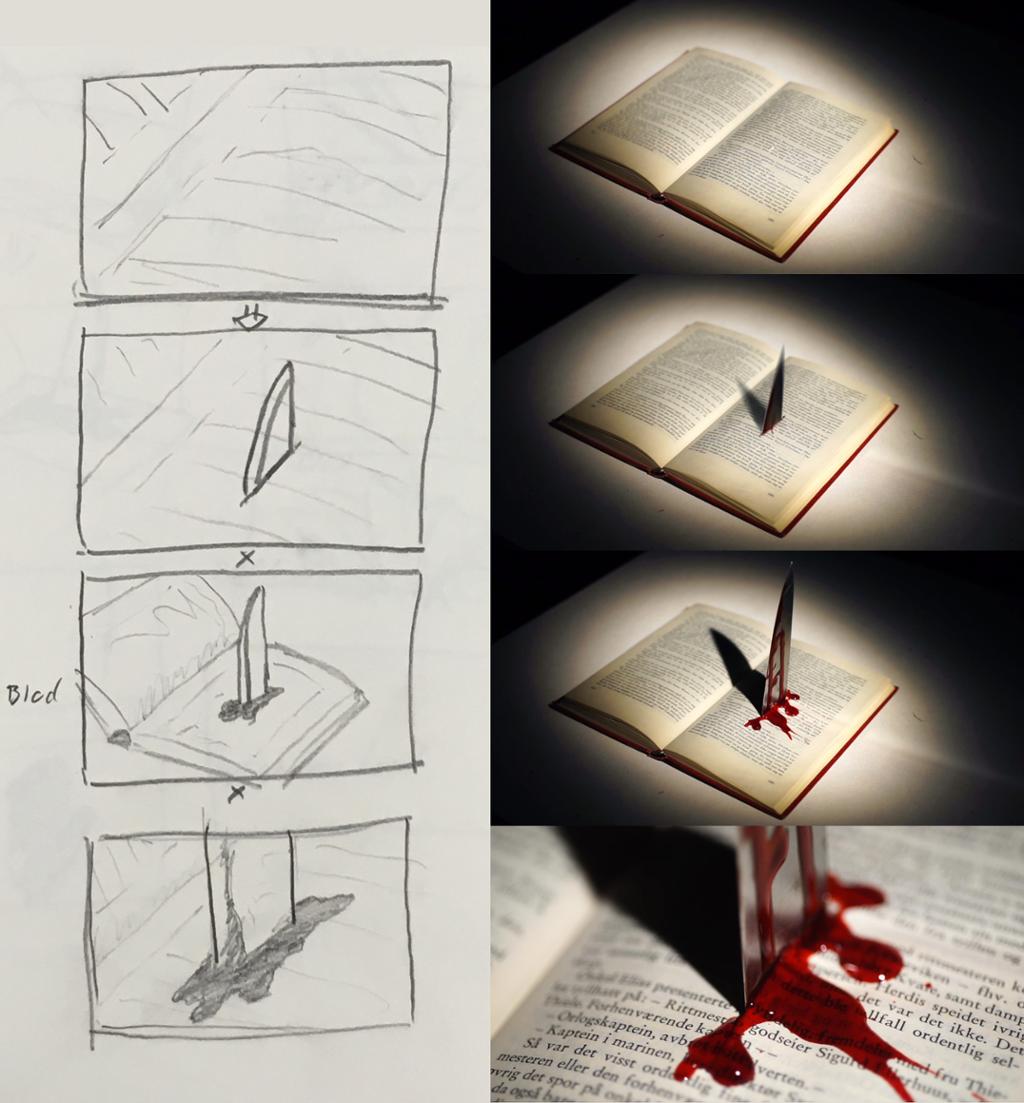 Skisser og bilder som viser storyboard og bildesekvens fra filmen M ord.