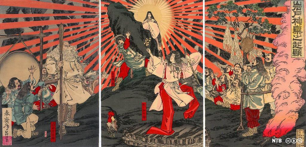 Japansk kunstverk som skal forestille gudinnen Amaterasu og opprinnelsen til musikk og dans. Det er ulike personer i bildet. Sentralt er gudinnen som står ved en stein med sola bak seg, som stråler utover. Tegning. 