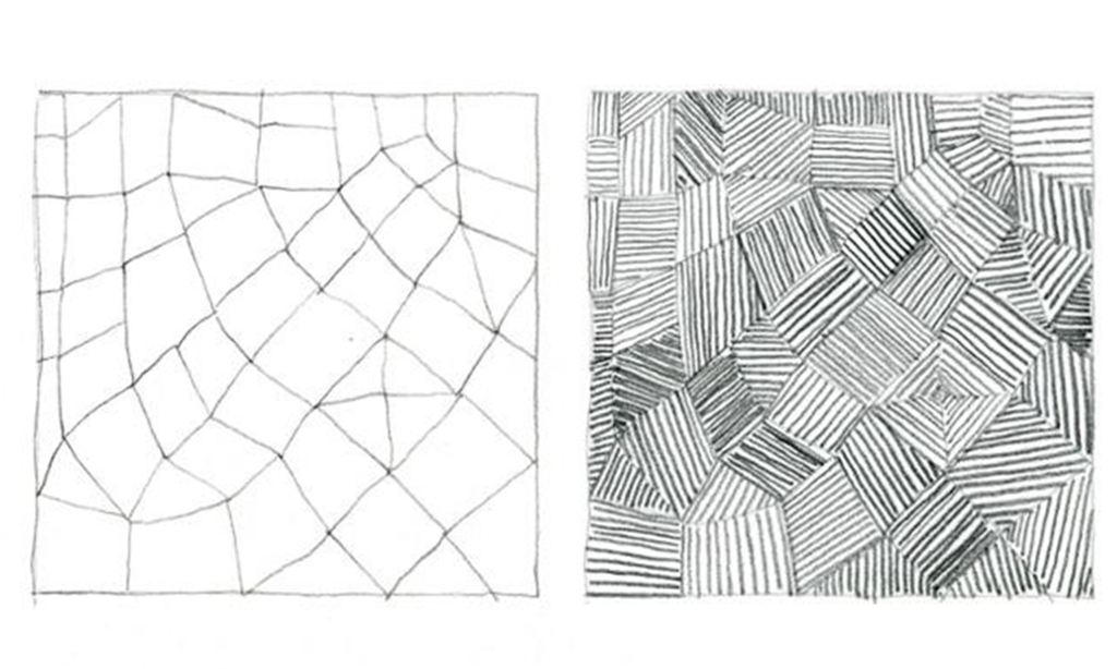 To komposisjonar med geometriske linjer. Den eine deler arket opp i flater, på den andre er flatene fylte ut med rette linjer. Illustrasjon.