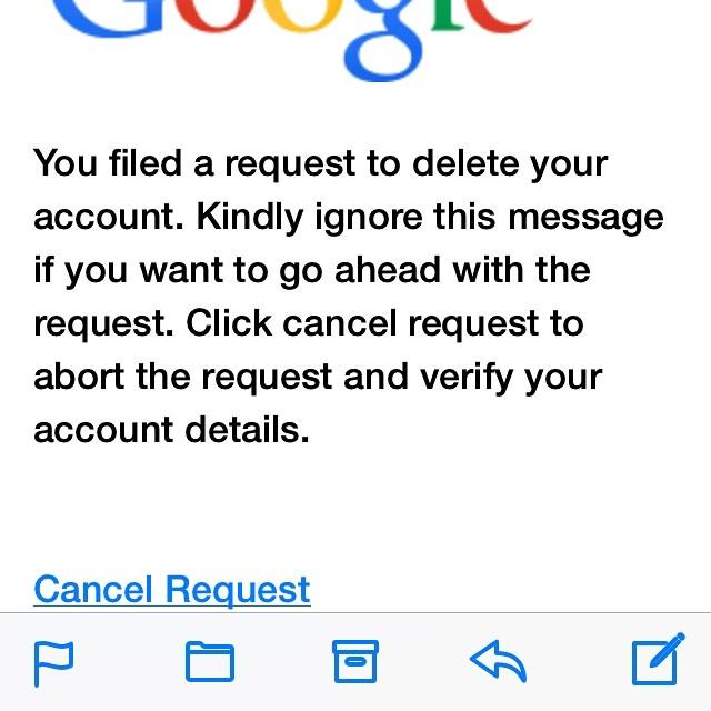 Photo: We see part of the Google logo on top. Then the message "You filed a request to delete your account. Kindly ignore this message if you want to go ahead with the request. Click cancel request to abort the request and verify your account details. 
Then a link in blue with the words Cancel Request. 