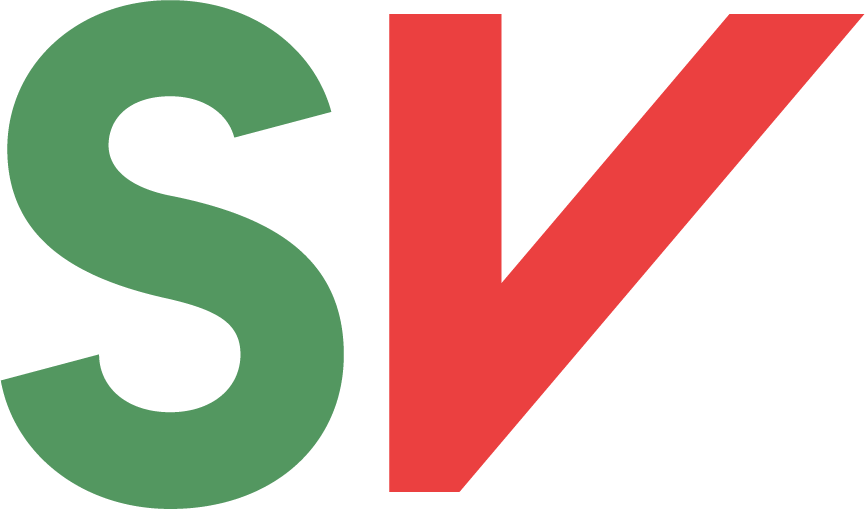 SV sin logo. Grøn S og raud V på kvit bakgrunn. Illustrasjon.