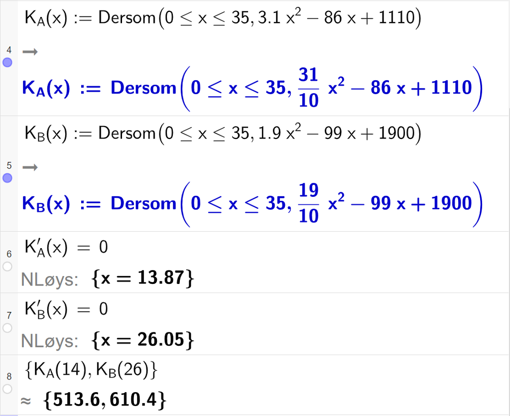 Skjermutklipp av CAS-utrekning med GeoGebra. På linje 4 er funksjonen K A av x i oppgåva skriven inn. På linje 5 er funksjonen K B av x i oppgåva skriven inn. På linje 6 er likninga K A derivert av x lik 0 løyst. Svaret med "N Løys" er x er lik 13,87. På linje 7 er likninga K B derivert av x lik 0 løyst. Svaret med "N Løys" er x er lik 26,05. På linje 8 er K A av 14 og K B av 26 rekna ut. Svara med tilnærming er 513,6 og 610,4.  