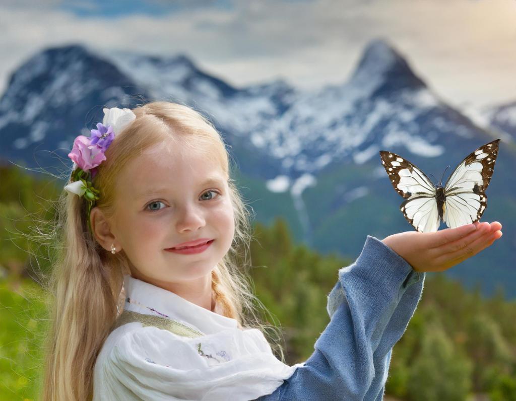 Smilende jente med sommerfugl i hånda og blomster i håret. Fjellandskap i bakgrunnen. KI-foto.