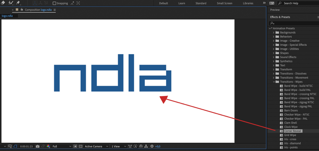 Arbeidsvindu i programvaren After Effects som viser hvor Corner reveal-funksjonen ligger. Skjermdump.