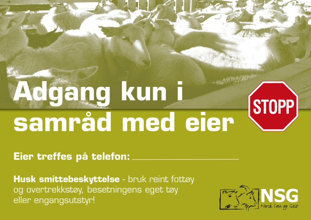 Smittevernplakat som sier at adgang kun kan skje i samråd med eier, kontaktinformasjon til eier og en påminnelse om smittebeskyttelse. Illustrasjon.